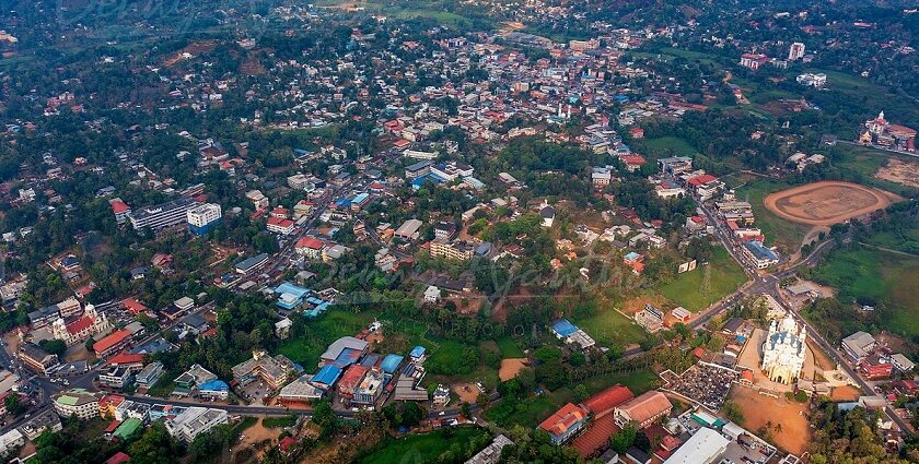 Aerial view of beautiful Pathanamthitta city amidst the enchanting green trees