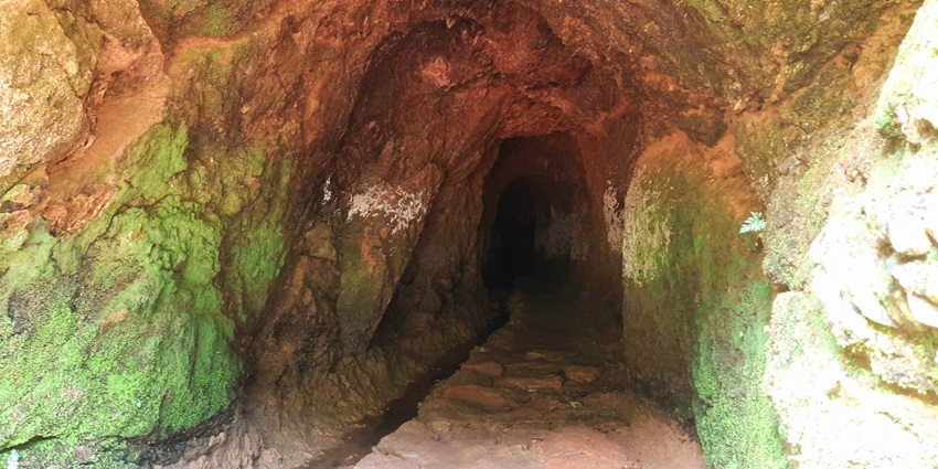 A picture of the entrance of a naturally occurring cave with complete darkness inside