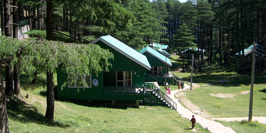 The green pine forests and cottages in Patnitop - places to visit in Kashmir in June.