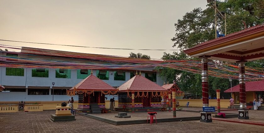 The view of the sacred shrines of Pisharikavu temple in Kozhikode district, Kerala, India.