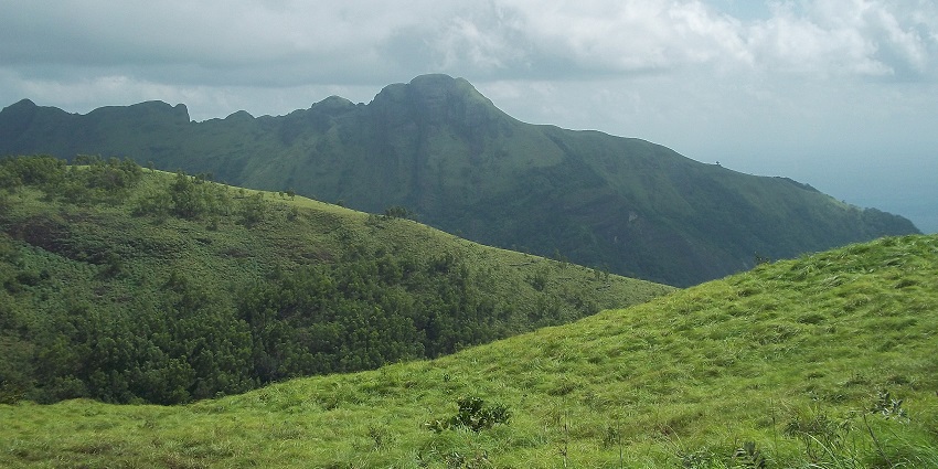 Forested lush hills of Ponmudi looking over the fog covered mountains far beyond
