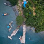 Aerial view of boats resting on the Port Blair Port in Andaman and Nicobar.