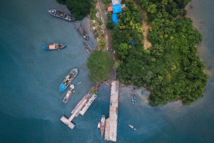 Aerial view of boats resting on the Port Blair Port in Andaman and Nicobar.