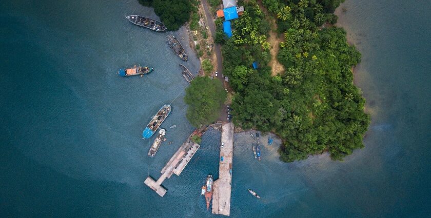 Aerial view of boats resting on the Port Blair Port in Andaman and Nicobar.