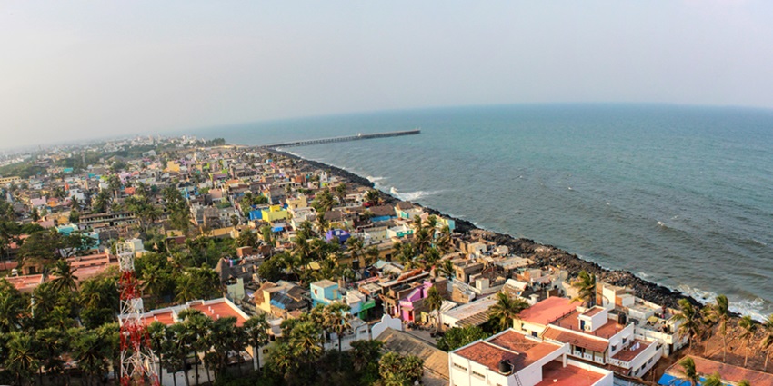 An aerial view of the Puducherry Beach where you can indulge in water sports