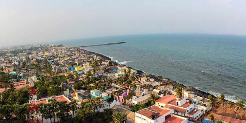 Aerial view of Puducherry beach - one of the best places to visit in Monsoon in India