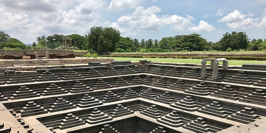 A view of the Mahanavami platform of the Pushkarani step well in Hampi, Karnataka