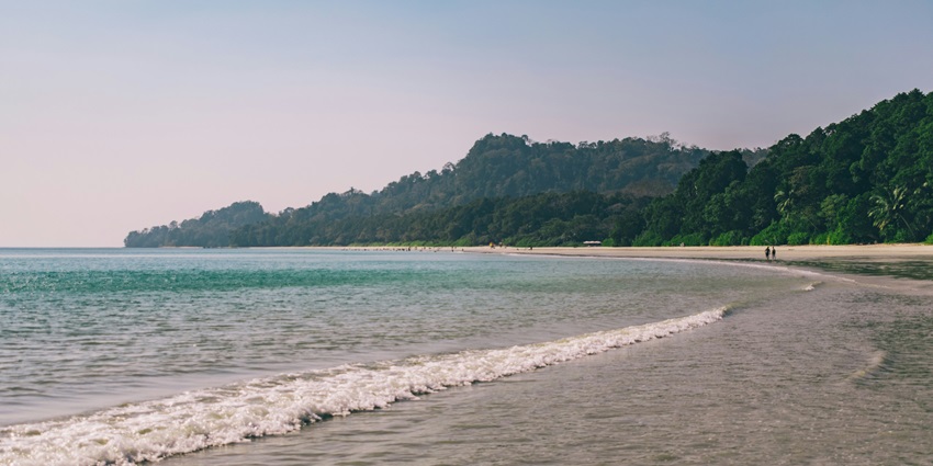 A view of the pristine white sands and natural beauty of the Radhanagar Beach