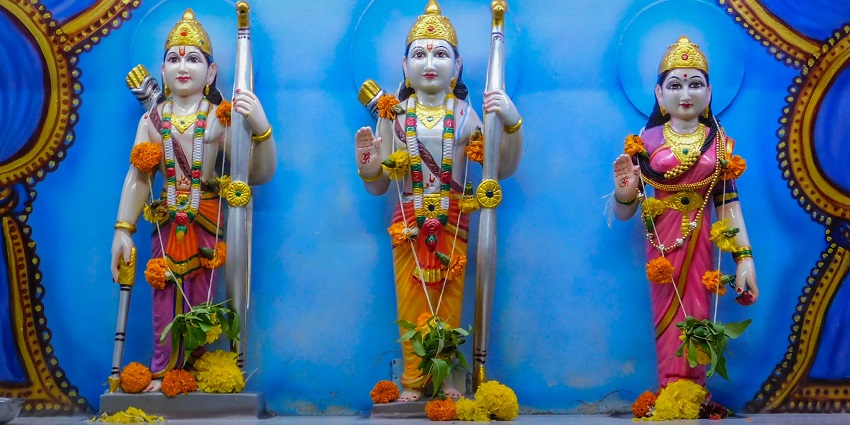 Statues of Lord Rama, Sita Mata, and Laxman at the quaint Ram Talai Temple in Jammu.