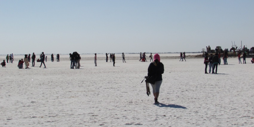 The Great Rann of Kutch, bustling with tourists exploring its vast white salt desert.