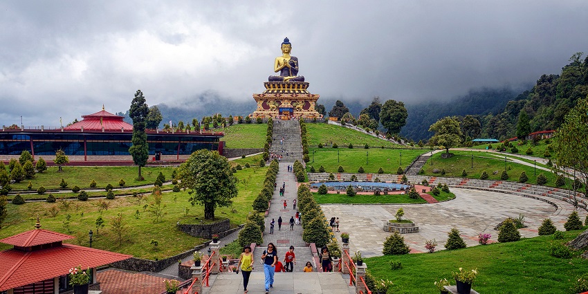 Shiny Golden statue of The Buddha in the center of Ravangla Buddha Park of Sikkim