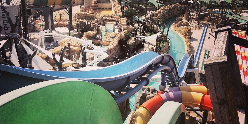 Aerial picture of the beautiful Yas Island Waterpark, Dubai, UAE