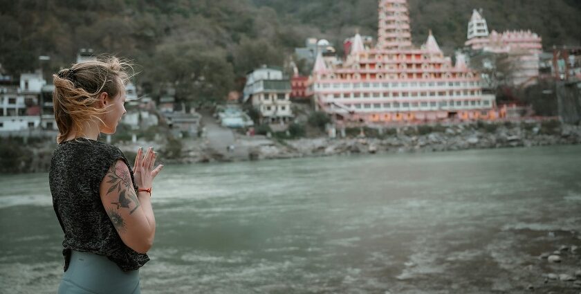 Traveller at the Laxman Jhula, Ramjhula, Rishikesh - places to visit in March in India