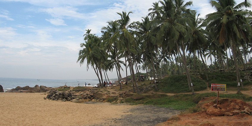 Ocean and the sandy beach of the iconic Samudra beach in the background with green trees