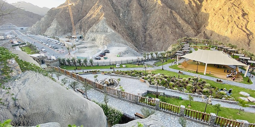 Aerial view of Sharjah Valley near the Khor Fakkan Waterfalls of UAE
