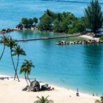 An aerial and panoramic view of the tropical island's beach resorts of Singapore.