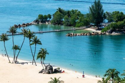 An aerial and panoramic view of the tropical island's beach resorts of Singapore.