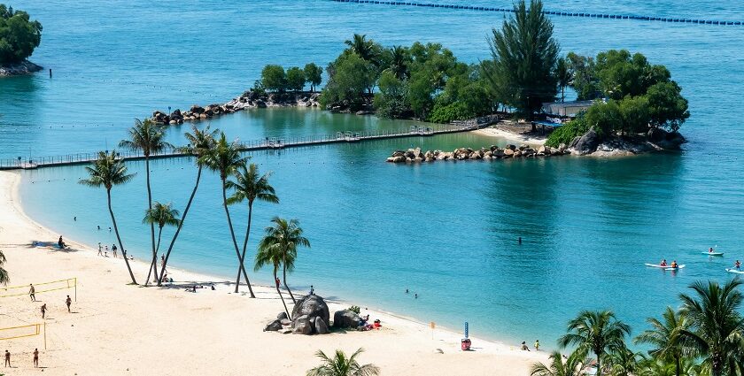 An aerial and panoramic view of the tropical island's beach resorts of Singapore.