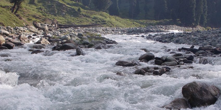 A river passing through rocky terrain between lush, dense forests in Kahsmir.