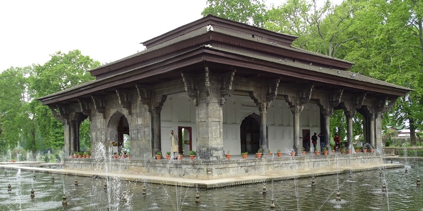 The serene view of Shalimar Bagh, a Mughal Garden in Srinagar, Jammu and Kashmir.
