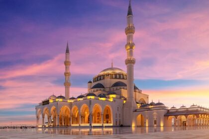 The view of the stunning exterior of one of the spiritual mosques in Dubai, UAE.