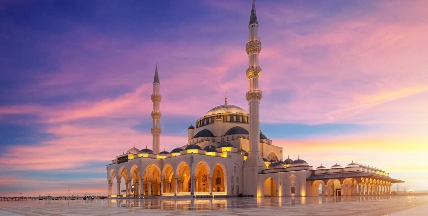 The view of the stunning exterior of one of the spiritual mosques in Dubai, UAE.