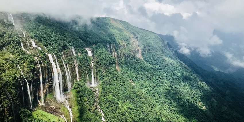 View of the Seven Sister Falls in Shillong, one of the places to visit in April in India.
