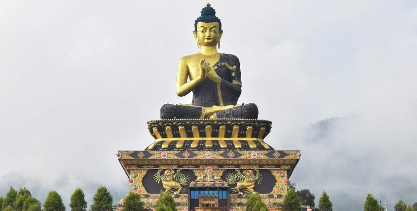 A view of a large statue of lord Budhha in Sikkim on top of a lush green mountain.