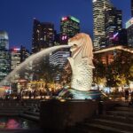 Stunning view of the Singapore Skyline during the night with colourful lights all around.