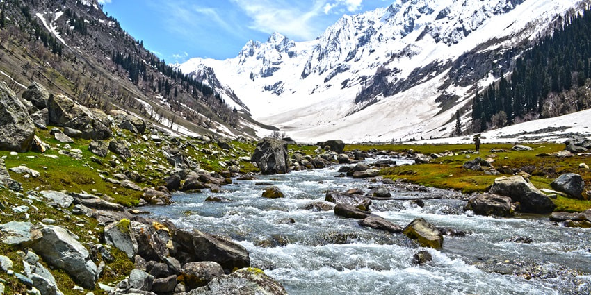 A picture of a river flowing through a valley with views of snow-capped mountains in the background