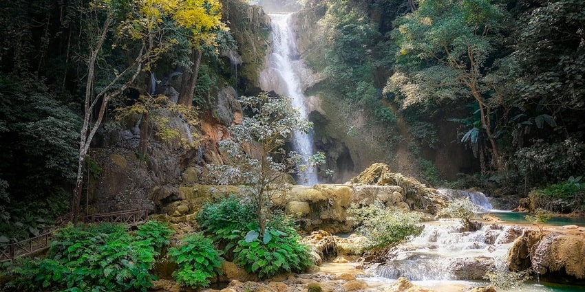 A stunning view of a waterfall surrounded by tall green trees during the daytime.
