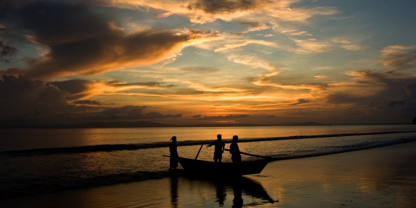 A view of the sunset at Andaman Islands with its rugged cliffs and azure waters
