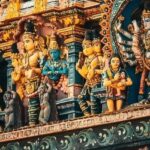 A colourful view of a temple in Kerala with statues of many Hindu gods and goddesses.