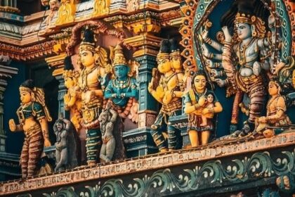 A colourful view of a temple in Kerala with statues of many Hindu gods and goddesses.