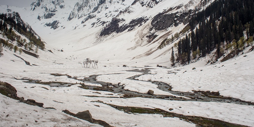 Thajiwas Glacier, surrounded by snow-covered mountains, frozen lakes, and trekking trails