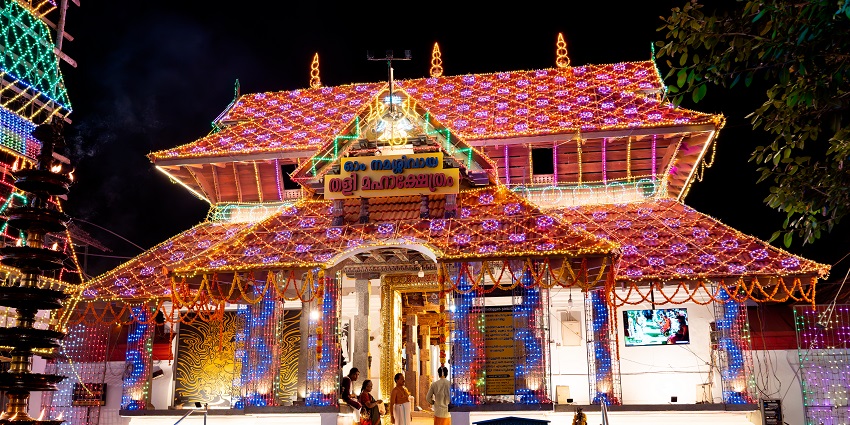 A view of the Thali Temple, a popular temple near Malappuram, decorated with lights