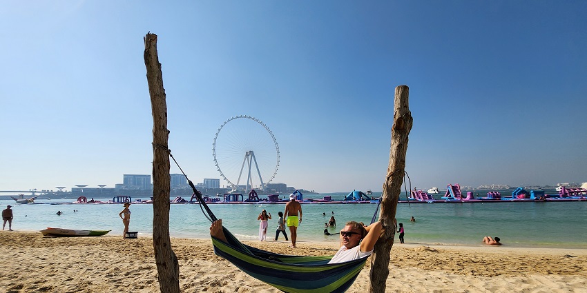 The beautiful image of the Atlantis sandy beach - Atlantis Water Park Dubai, UAE