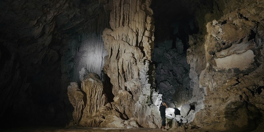 A view of the interior of a dark cave with its natural formations in Andaman and Nicobar