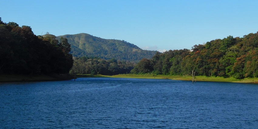 An exhilarating view of Thekkady comprising the serene lake Periyar and mountains.