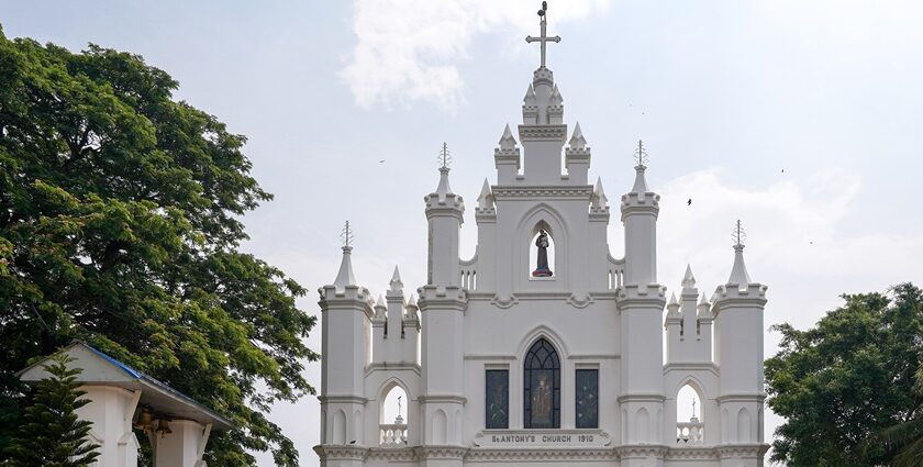 A frontal view of the historic architecture of St. Antony's Church in Kollam, Kerala