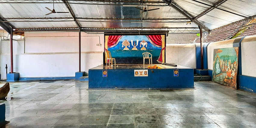 Tapestries hanging inside the halls of the Thiruvalathoor Mahavishnu temple in Thrissur