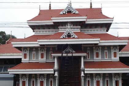 Scenic front view of historic Thiruvambadi Temple in Thrissur, Kerala