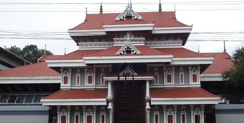 Scenic front view of historic Thiruvambadi Temple in Thrissur, Kerala