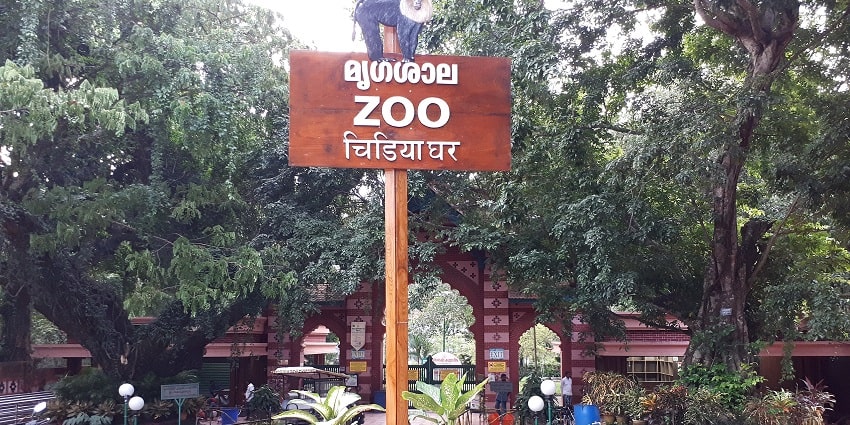View of the entrance gate of Thiruvananthapuram Zoo with lush green trees all around