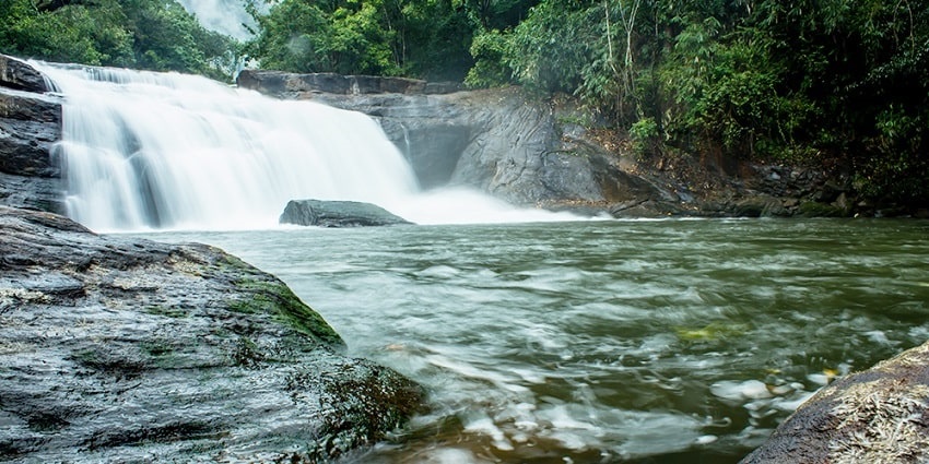 A mesmerising view of the popular Thommankuthu Waterfalls surrounded by lush greenery
