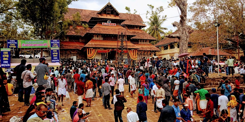 View of people gathered for a festival outside Vadakkunnathan Temple in Thrissur, Kerala