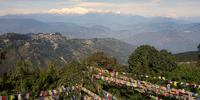 View from Tiger Hill with praying flags - one of the best places to visit near Darjeeling.