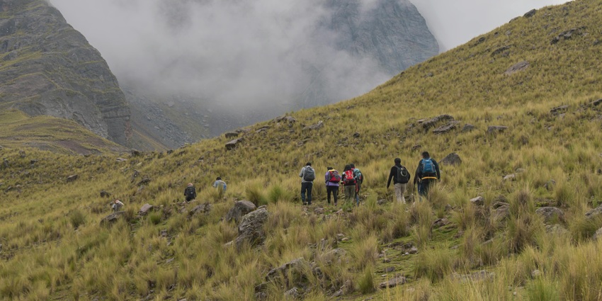 Hikers trekking across golden grasslands with Andean peaks in the distance near Cusco