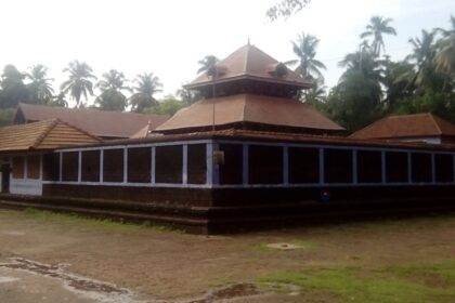 The view of the tranquil courtyard of Trichambaram Temple in Taliparamba, Kerala.