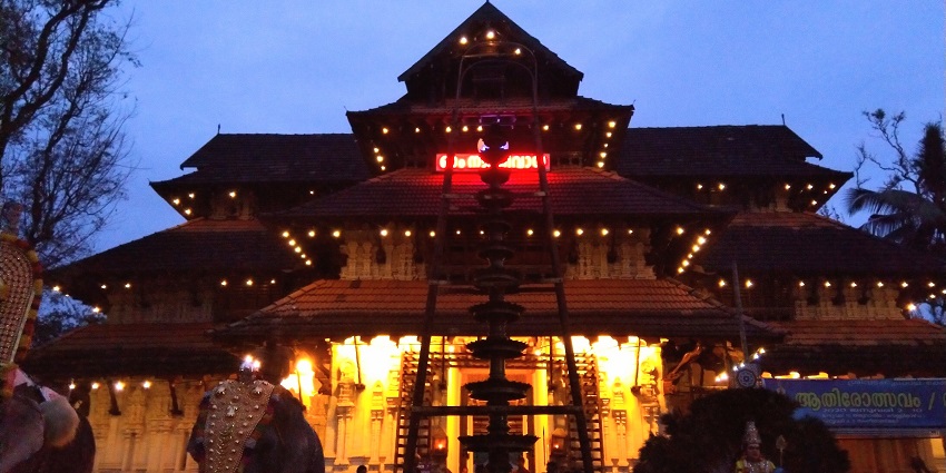 Enchanting view of the holy Vadakkunnathan Temple, lights reflecting the definite architect